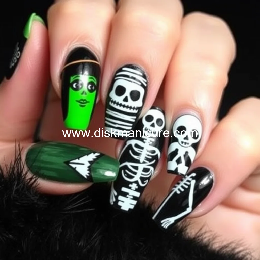 Artistic representation for From a witch woman to a mummy and a cowboy skeleton 10 super stylish Halloween manicure ideas