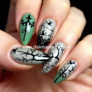 Artistic representation for Gothic almond nail art: halloween hauntingly chic!
