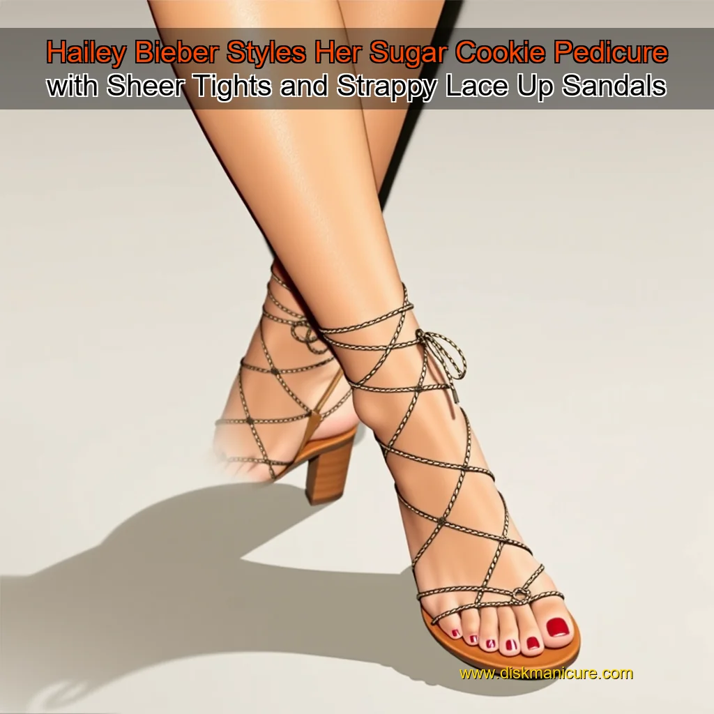 Artistic representation for Hailey Bieber Styles Her Sugar Cookie Pedicure with Sheer Tights and Strappy Lace Up Sandals