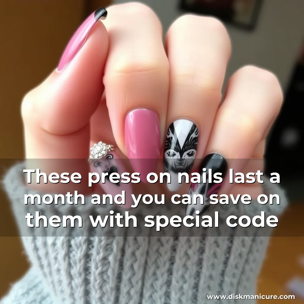 Artistic representation for These press on nails last a month and you can save on them with special code